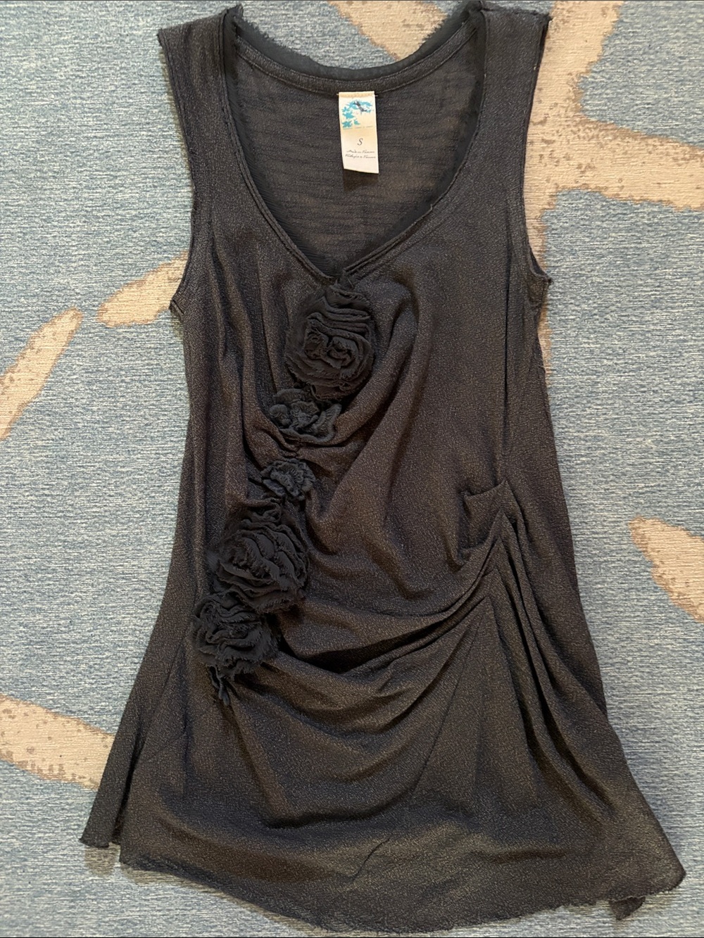 Free People Black Metallic Floral-Accent Sleeveless Tunic Top- Small